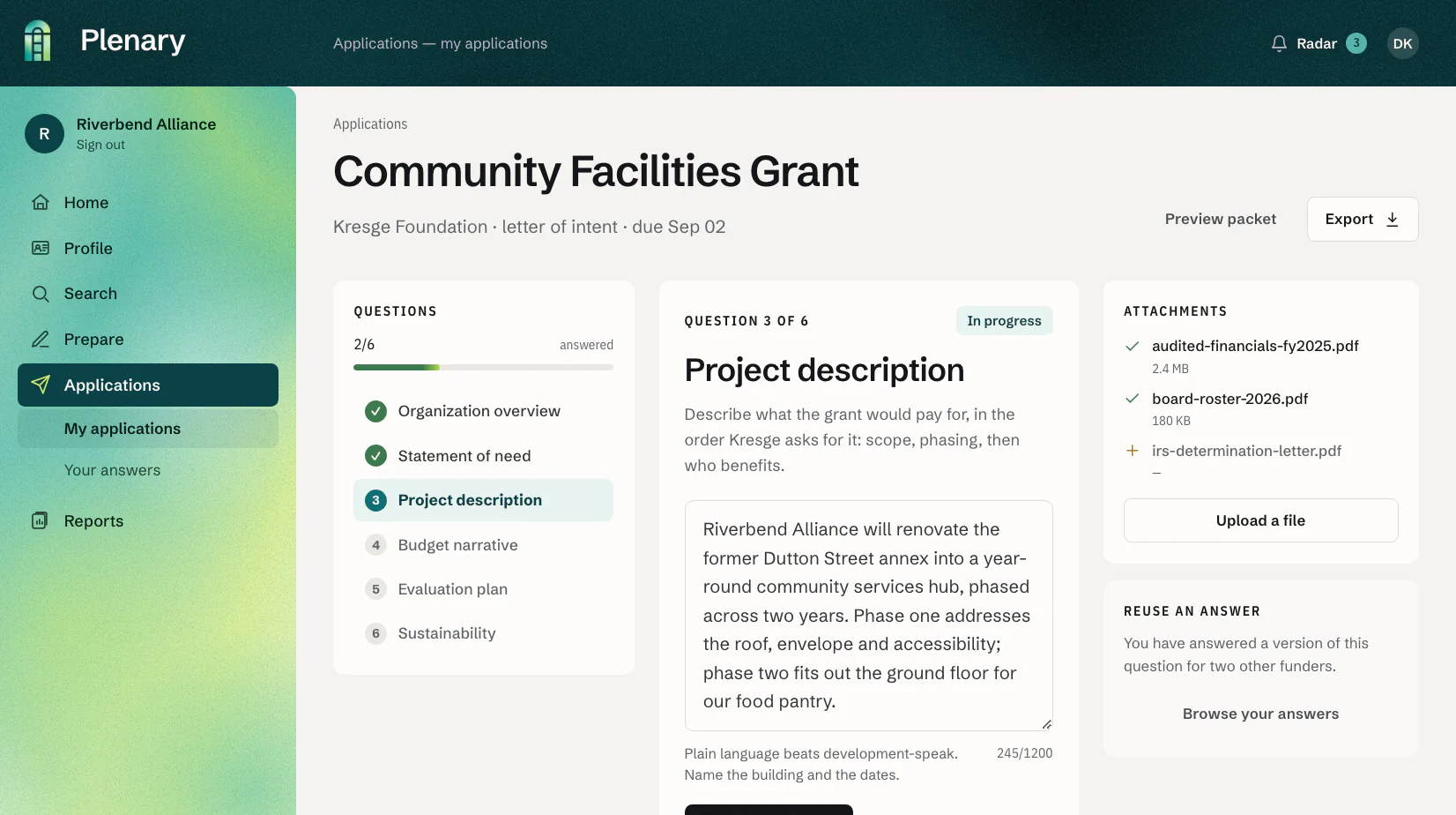 Plenary applications screen: Community Facilities Grant draft