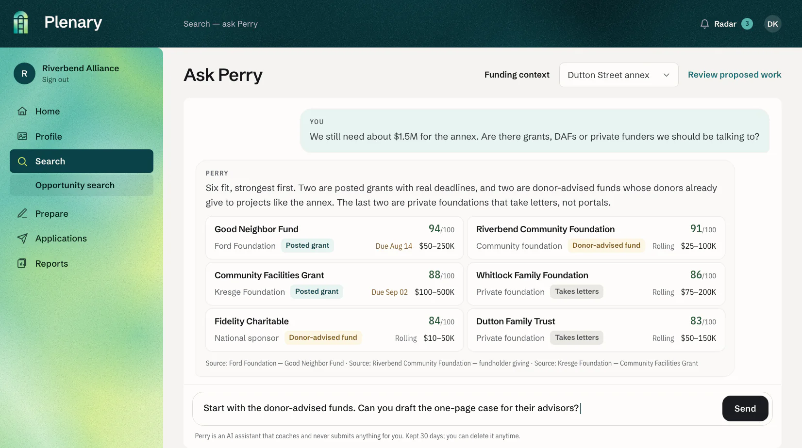 Perry, Plenary&rsquo;s AI assistant, highlighting six funding opportunities in a chat: posted grants, donor-advised funds and private foundations